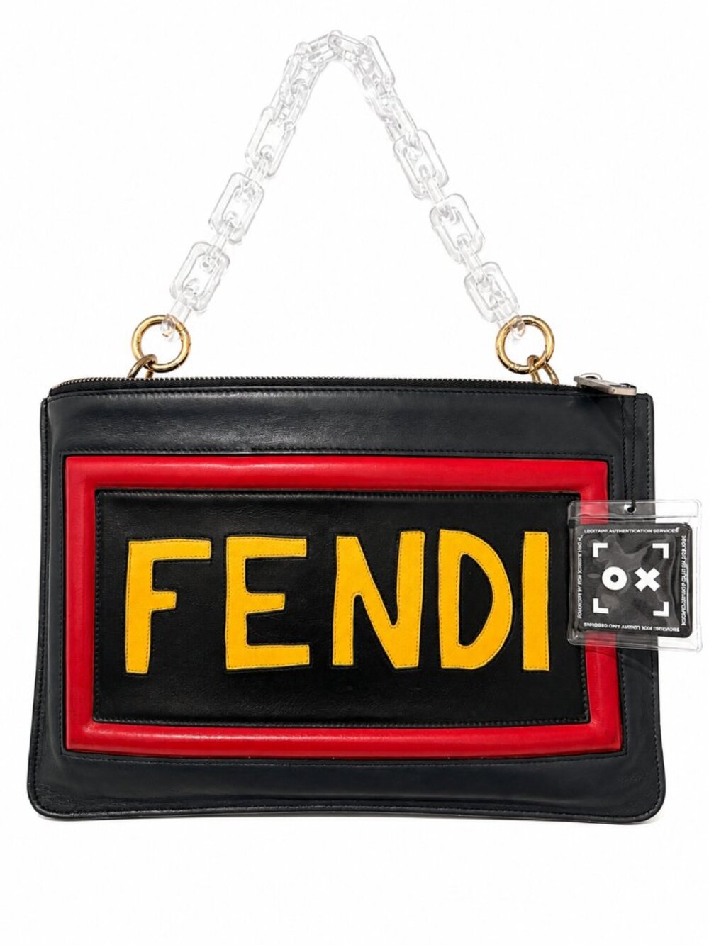 FENDI Black Leather Large Zip Pouch Clutch with THINK Patch